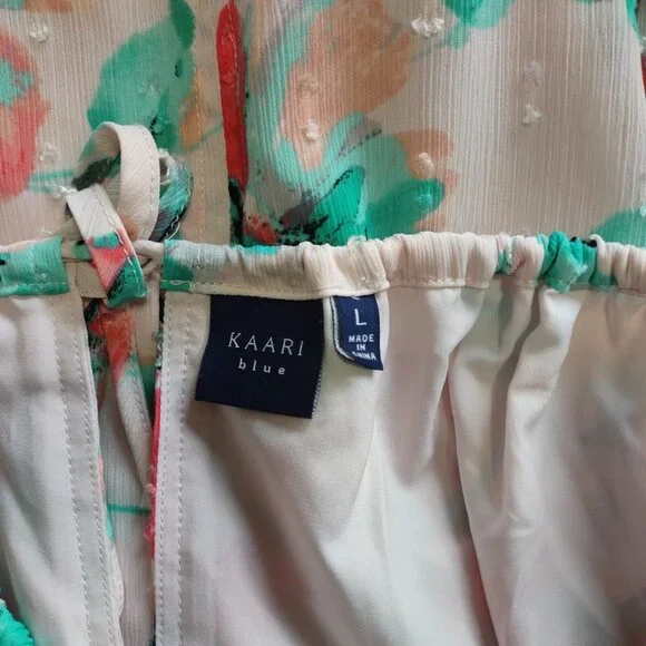 Kaari Blue Sz L Multi Pink Floral Santorini 3/4 Sleeve Ruffle Front Tie Top Lace - Picture 10 of 13